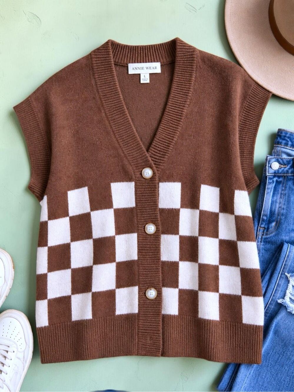 Annie Wear Brown Checkerboard Sweater Vest Button Front Knit Cardigan NEW - Picture 14 of 15